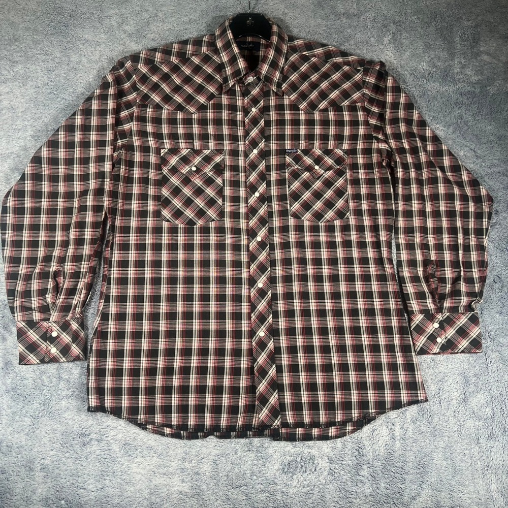 Vintage Wrangler Western Pearl Snap Shirt Mens Large Black Red Plaid Long Sleeve